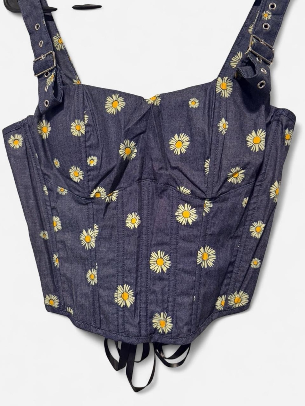 Daisy Print Corset Tank Top Lace Up Back Padded Cups M